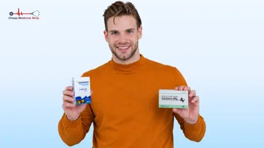 Man holding Kamagra Oral Jelly and Cenforce-100 Sildenafil Citrate Tablets
